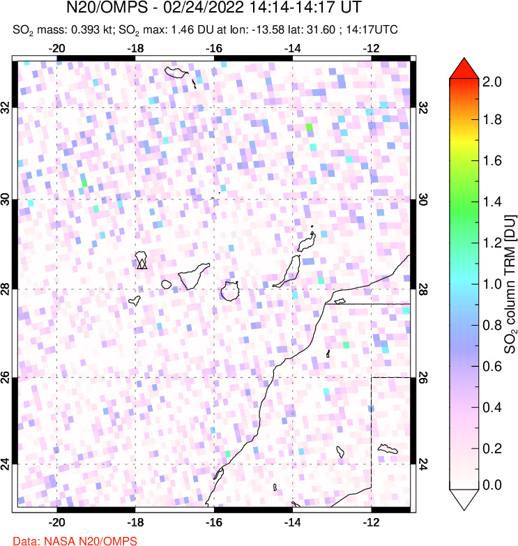 A sulfur dioxide image over Canary Islands on Feb 24, 2022.