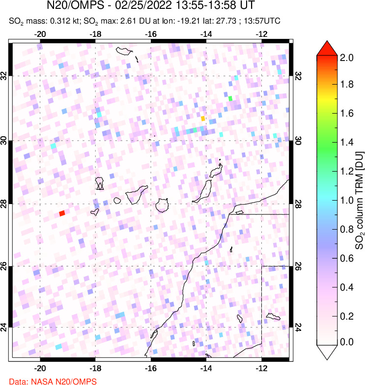 A sulfur dioxide image over Canary Islands on Feb 25, 2022.