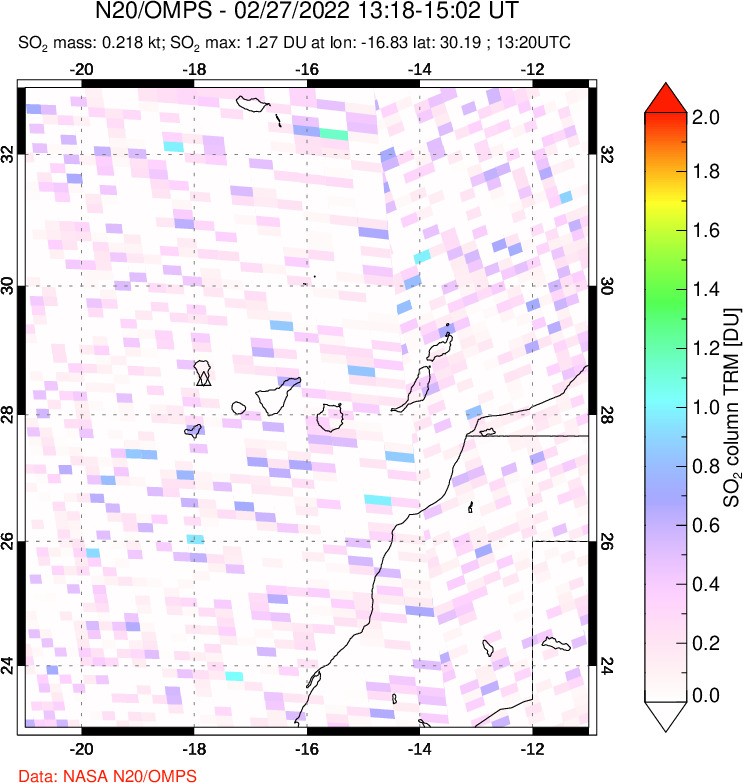 A sulfur dioxide image over Canary Islands on Feb 27, 2022.