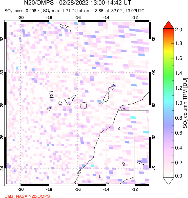 A sulfur dioxide image over Canary Islands on Feb 28, 2022.