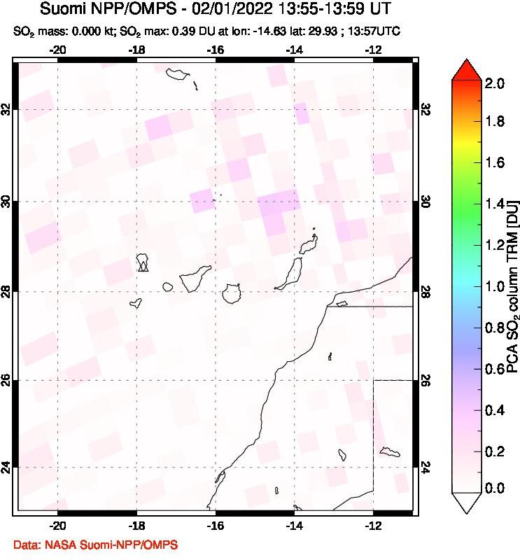 A sulfur dioxide image over Canary Islands on Feb 01, 2022.