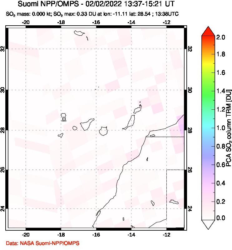 A sulfur dioxide image over Canary Islands on Feb 02, 2022.