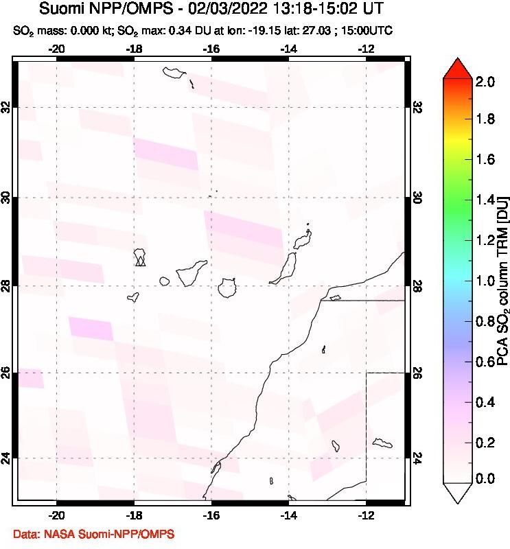 A sulfur dioxide image over Canary Islands on Feb 03, 2022.