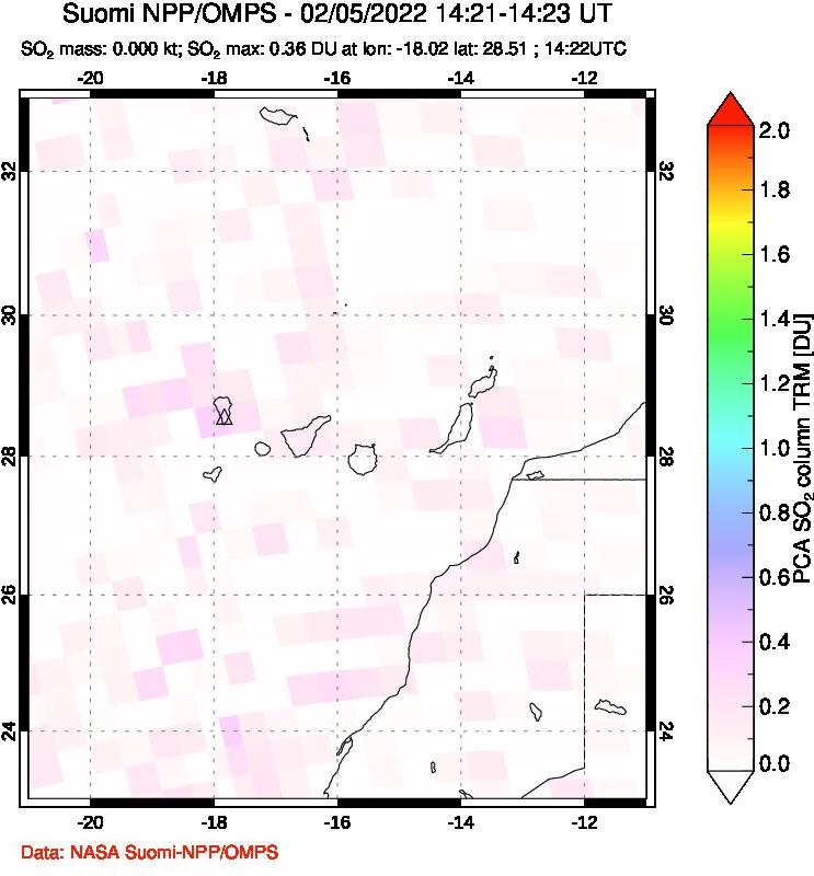 A sulfur dioxide image over Canary Islands on Feb 05, 2022.