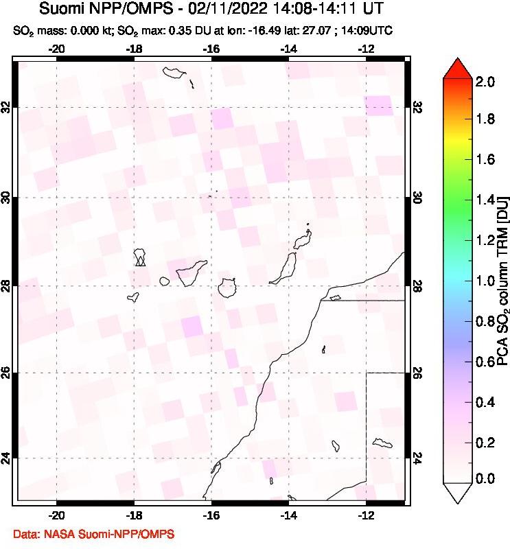 A sulfur dioxide image over Canary Islands on Feb 11, 2022.