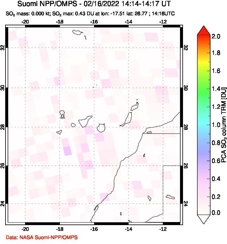 A sulfur dioxide image over Canary Islands on Feb 16, 2022.