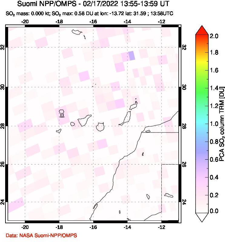 A sulfur dioxide image over Canary Islands on Feb 17, 2022.