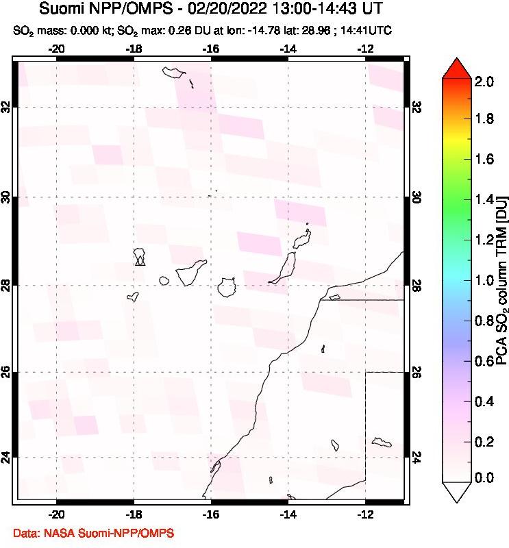 A sulfur dioxide image over Canary Islands on Feb 20, 2022.