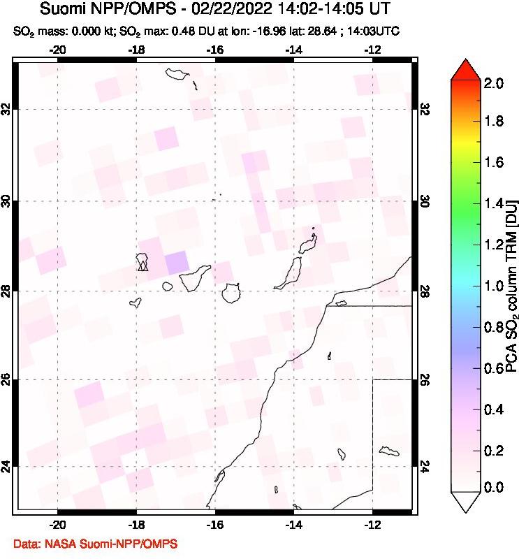 A sulfur dioxide image over Canary Islands on Feb 22, 2022.