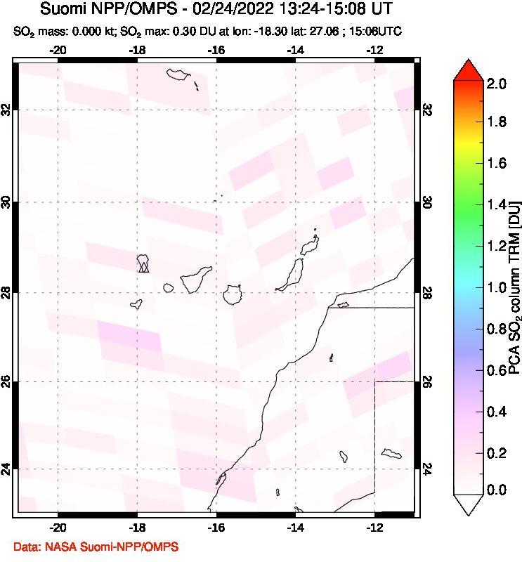 A sulfur dioxide image over Canary Islands on Feb 24, 2022.