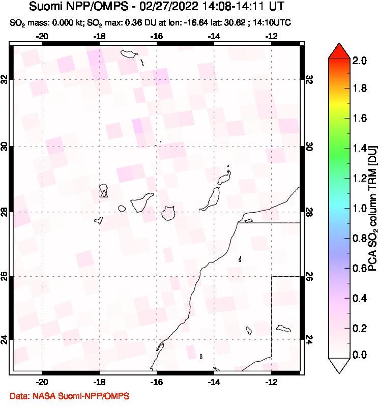 A sulfur dioxide image over Canary Islands on Feb 27, 2022.