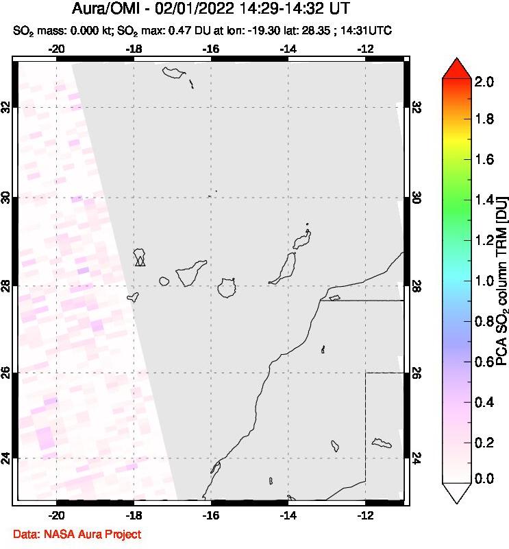 A sulfur dioxide image over Canary Islands on Feb 01, 2022.
