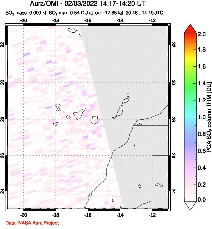 A sulfur dioxide image over Canary Islands on Feb 03, 2022.