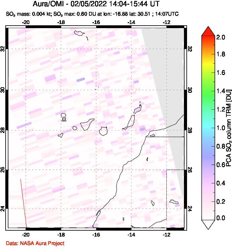 A sulfur dioxide image over Canary Islands on Feb 05, 2022.