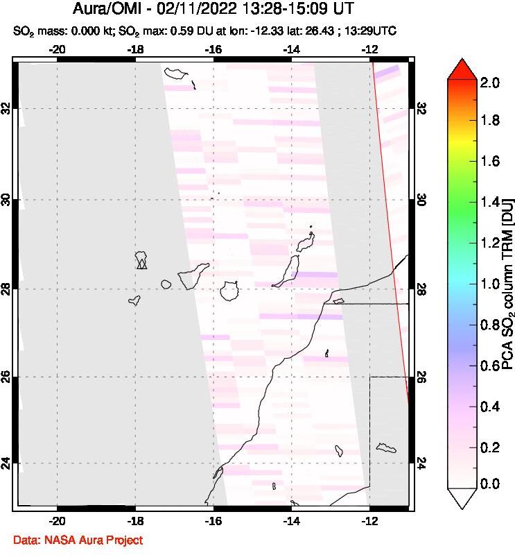 A sulfur dioxide image over Canary Islands on Feb 11, 2022.