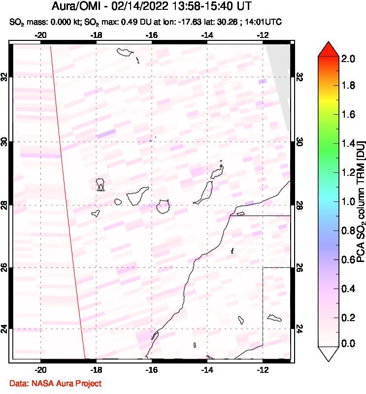 A sulfur dioxide image over Canary Islands on Feb 14, 2022.