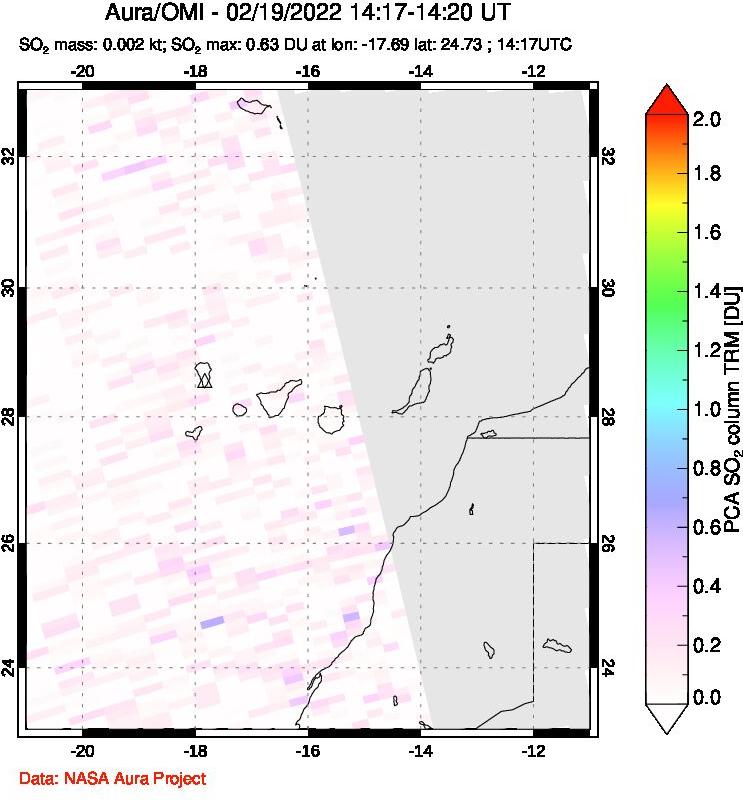 A sulfur dioxide image over Canary Islands on Feb 19, 2022.