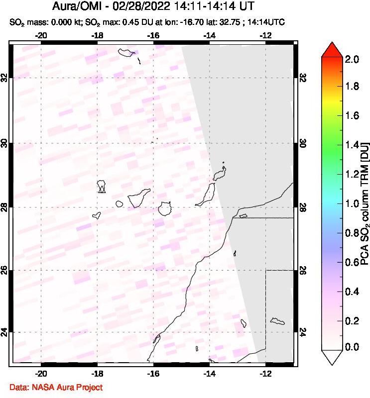 A sulfur dioxide image over Canary Islands on Feb 28, 2022.