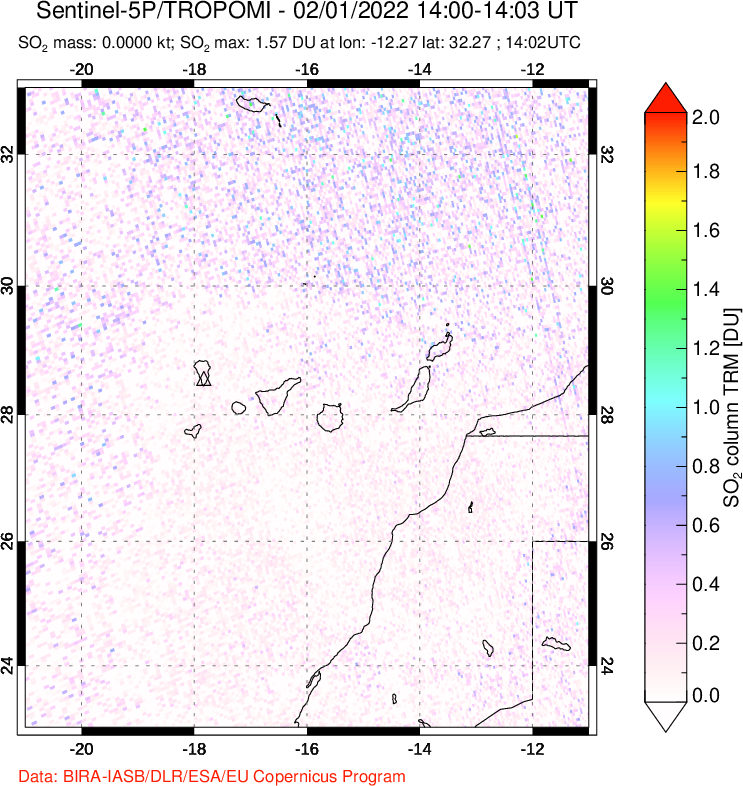 A sulfur dioxide image over Canary Islands on Feb 01, 2022.