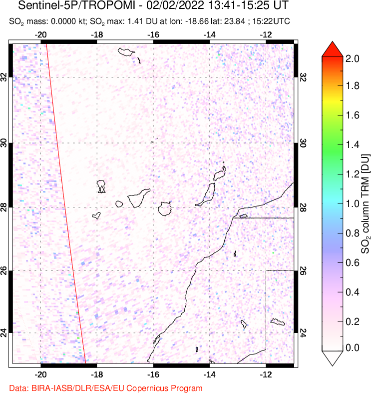 A sulfur dioxide image over Canary Islands on Feb 02, 2022.