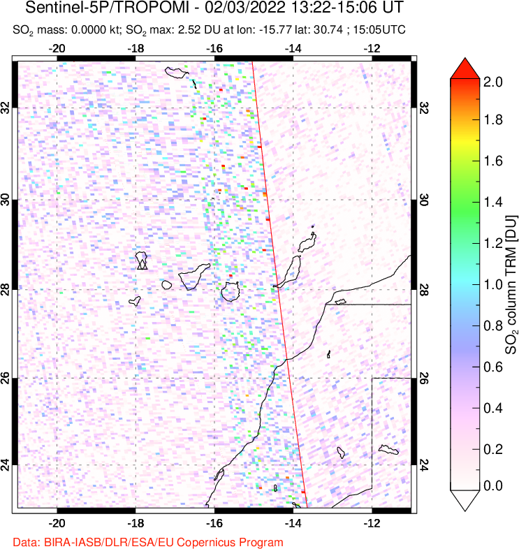 A sulfur dioxide image over Canary Islands on Feb 03, 2022.