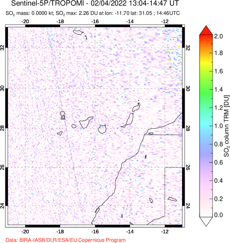 A sulfur dioxide image over Canary Islands on Feb 04, 2022.