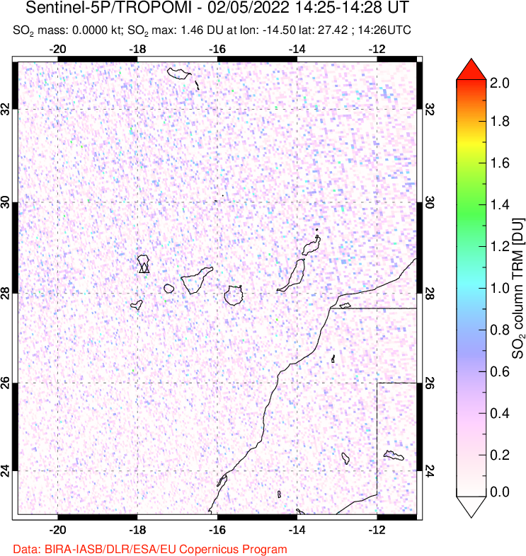 A sulfur dioxide image over Canary Islands on Feb 05, 2022.