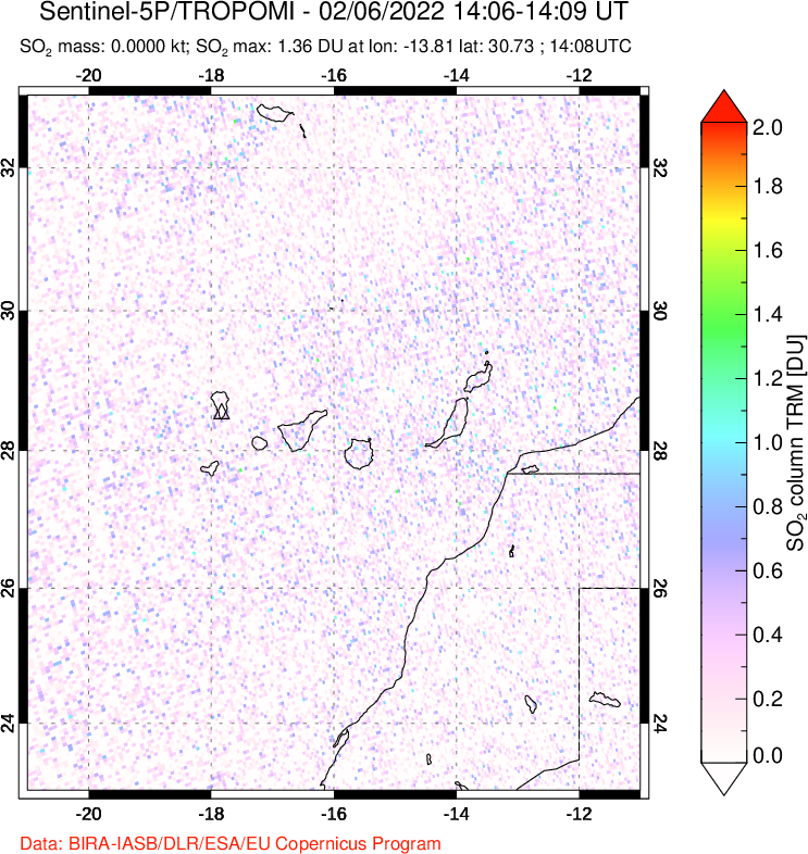 A sulfur dioxide image over Canary Islands on Feb 06, 2022.