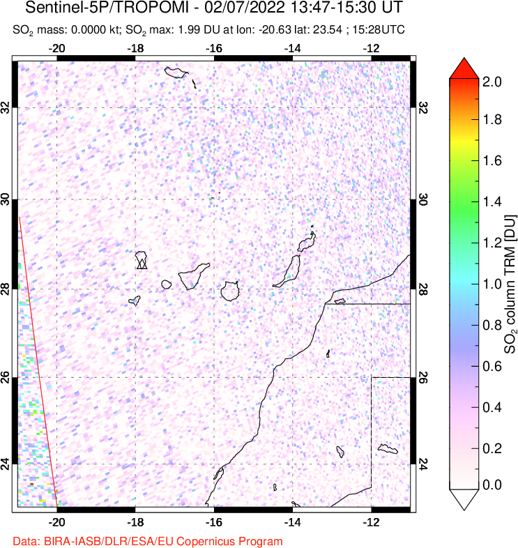 A sulfur dioxide image over Canary Islands on Feb 07, 2022.