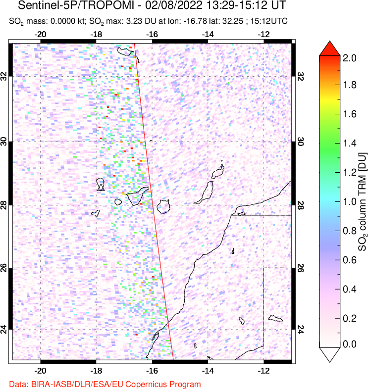 A sulfur dioxide image over Canary Islands on Feb 08, 2022.