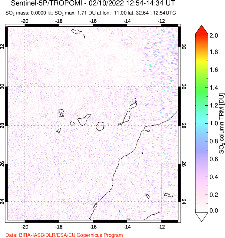 A sulfur dioxide image over Canary Islands on Feb 10, 2022.