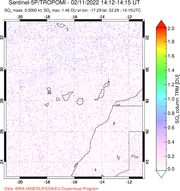 A sulfur dioxide image over Canary Islands on Feb 11, 2022.