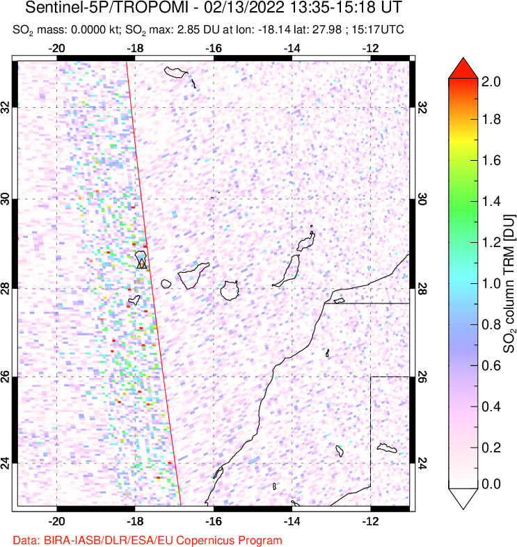 A sulfur dioxide image over Canary Islands on Feb 13, 2022.