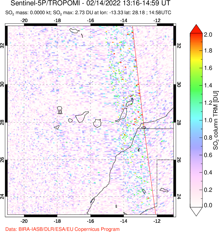 A sulfur dioxide image over Canary Islands on Feb 14, 2022.