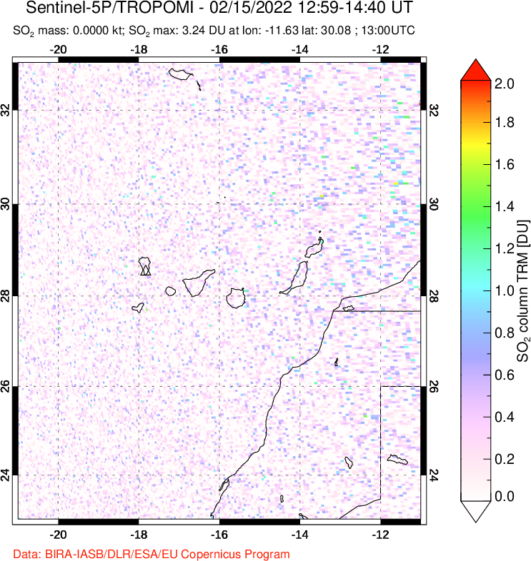 A sulfur dioxide image over Canary Islands on Feb 15, 2022.