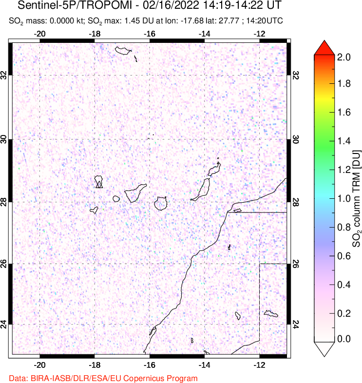 A sulfur dioxide image over Canary Islands on Feb 16, 2022.