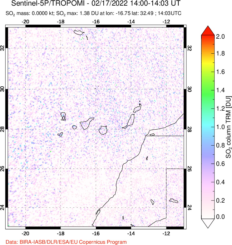 A sulfur dioxide image over Canary Islands on Feb 17, 2022.