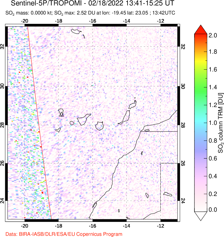 A sulfur dioxide image over Canary Islands on Feb 18, 2022.