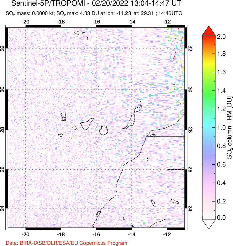 A sulfur dioxide image over Canary Islands on Feb 20, 2022.