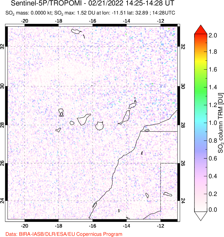 A sulfur dioxide image over Canary Islands on Feb 21, 2022.