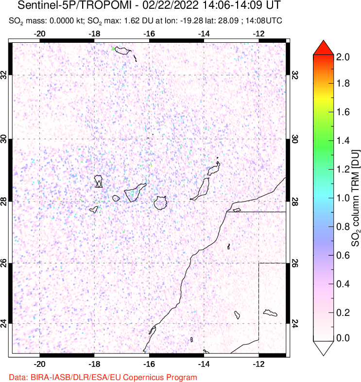 A sulfur dioxide image over Canary Islands on Feb 22, 2022.