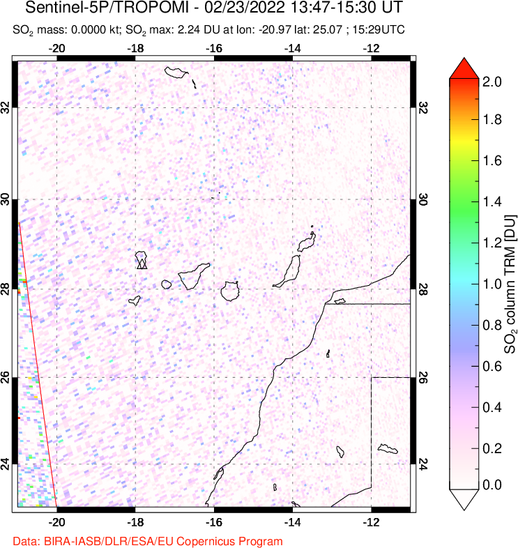 A sulfur dioxide image over Canary Islands on Feb 23, 2022.