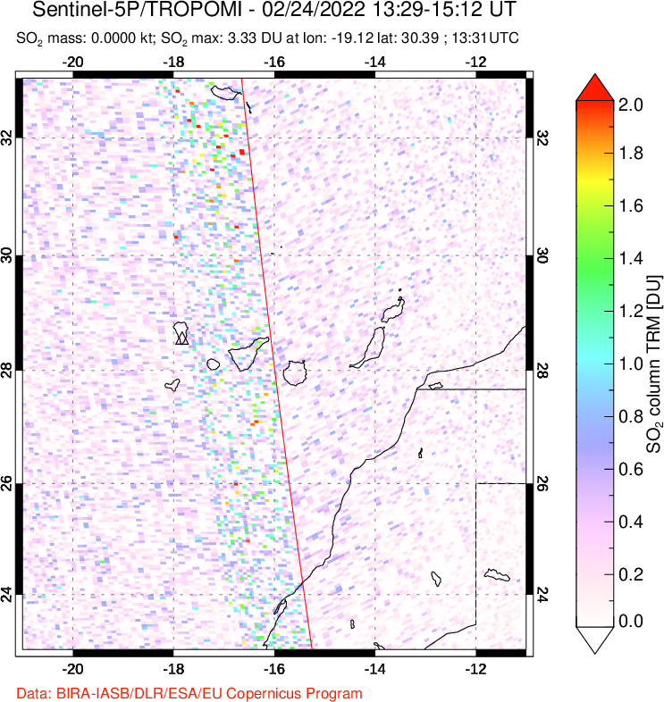 A sulfur dioxide image over Canary Islands on Feb 24, 2022.