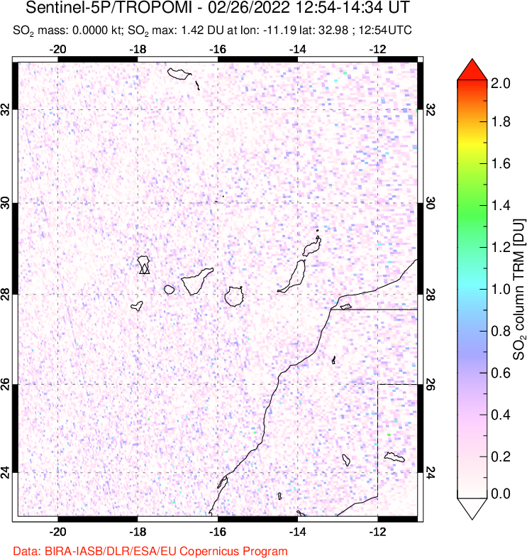 A sulfur dioxide image over Canary Islands on Feb 26, 2022.