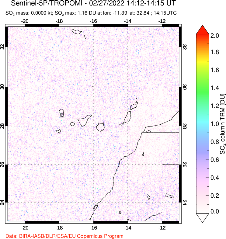 A sulfur dioxide image over Canary Islands on Feb 27, 2022.