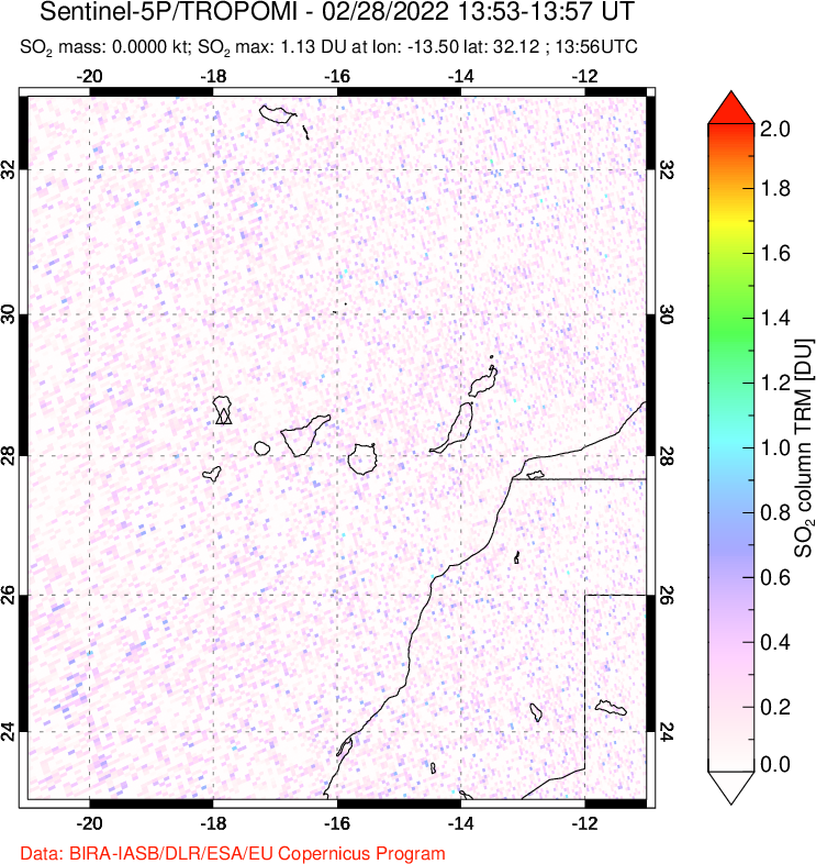 A sulfur dioxide image over Canary Islands on Feb 28, 2022.