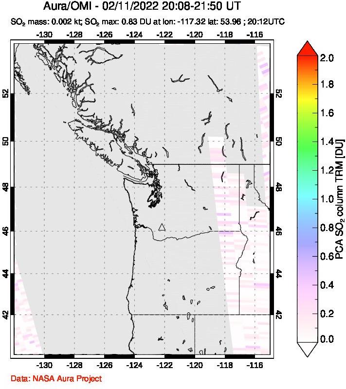 A sulfur dioxide image over Cascade Range, USA on Feb 11, 2022.
