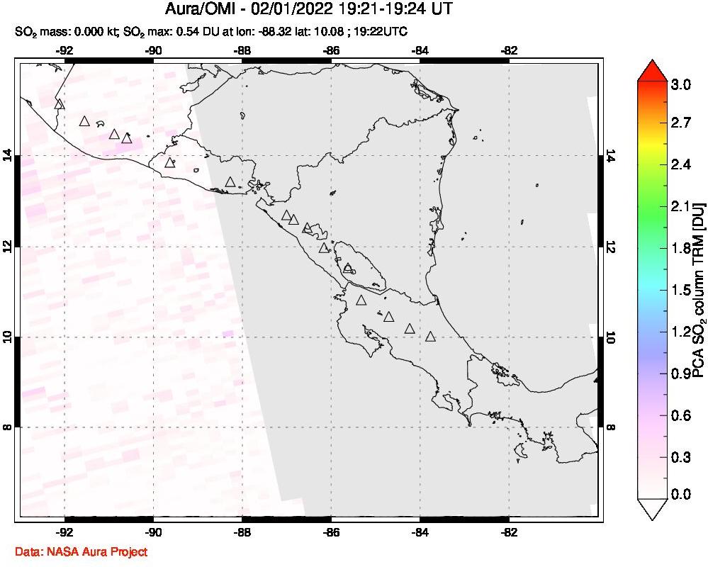 A sulfur dioxide image over Central America on Feb 01, 2022.