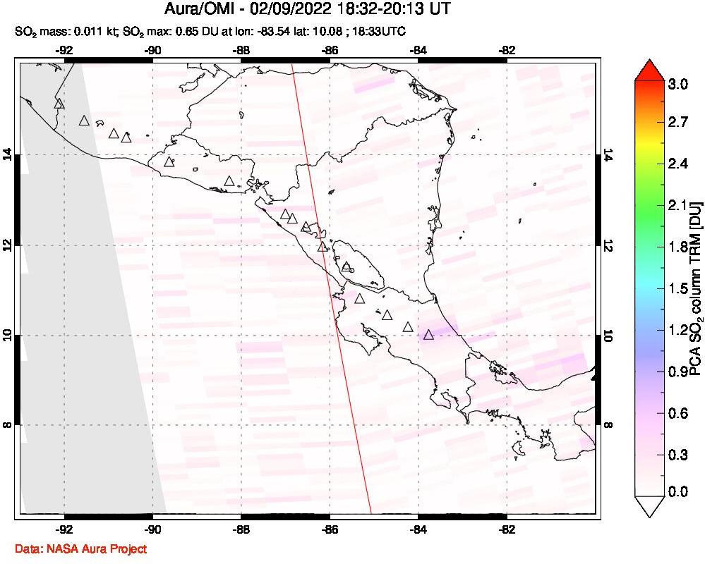 A sulfur dioxide image over Central America on Feb 09, 2022.