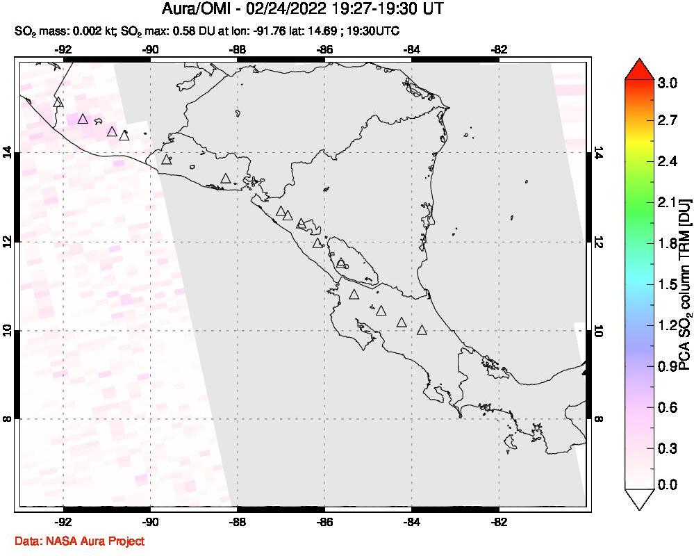 A sulfur dioxide image over Central America on Feb 24, 2022.